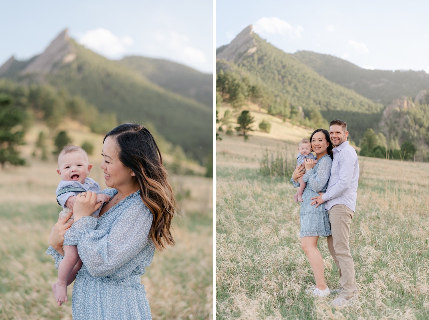 Family of three in front of the mountains in Boulder Colorado.