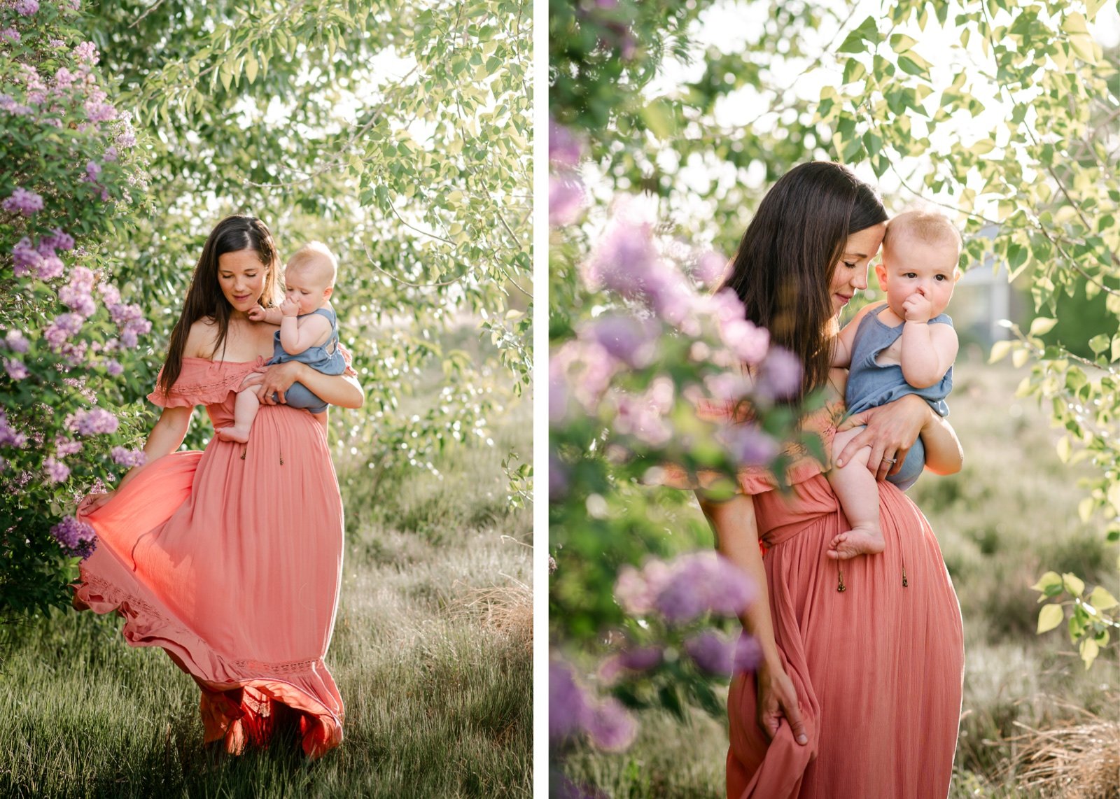 Mother and son playing near lilacs in Erie Colorado