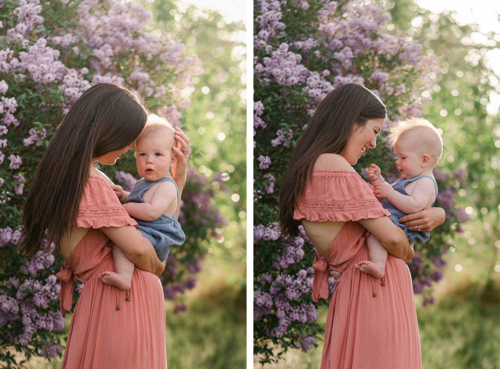 Mother wearing pink dress with purple flowers in the background during a photoshoot near Denver Colorado