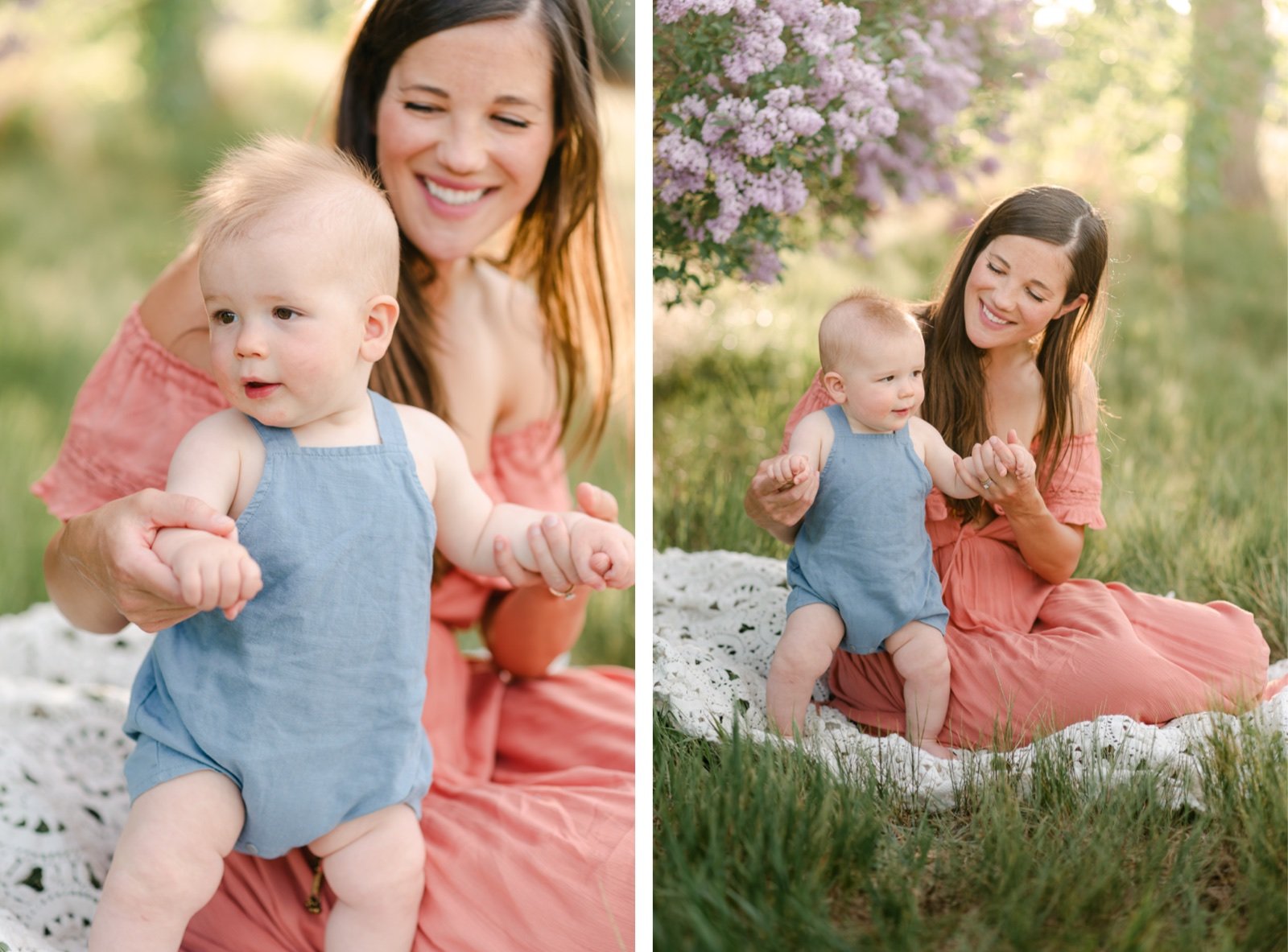 Mom wearing a pink Free People dress during a spring photoshoot near Denver Colorado