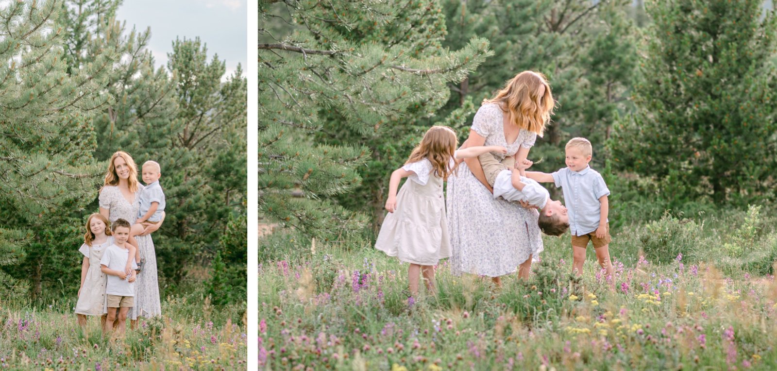 A mother and her young kids playing in a meadow of wildflowers in Nederland Colorado