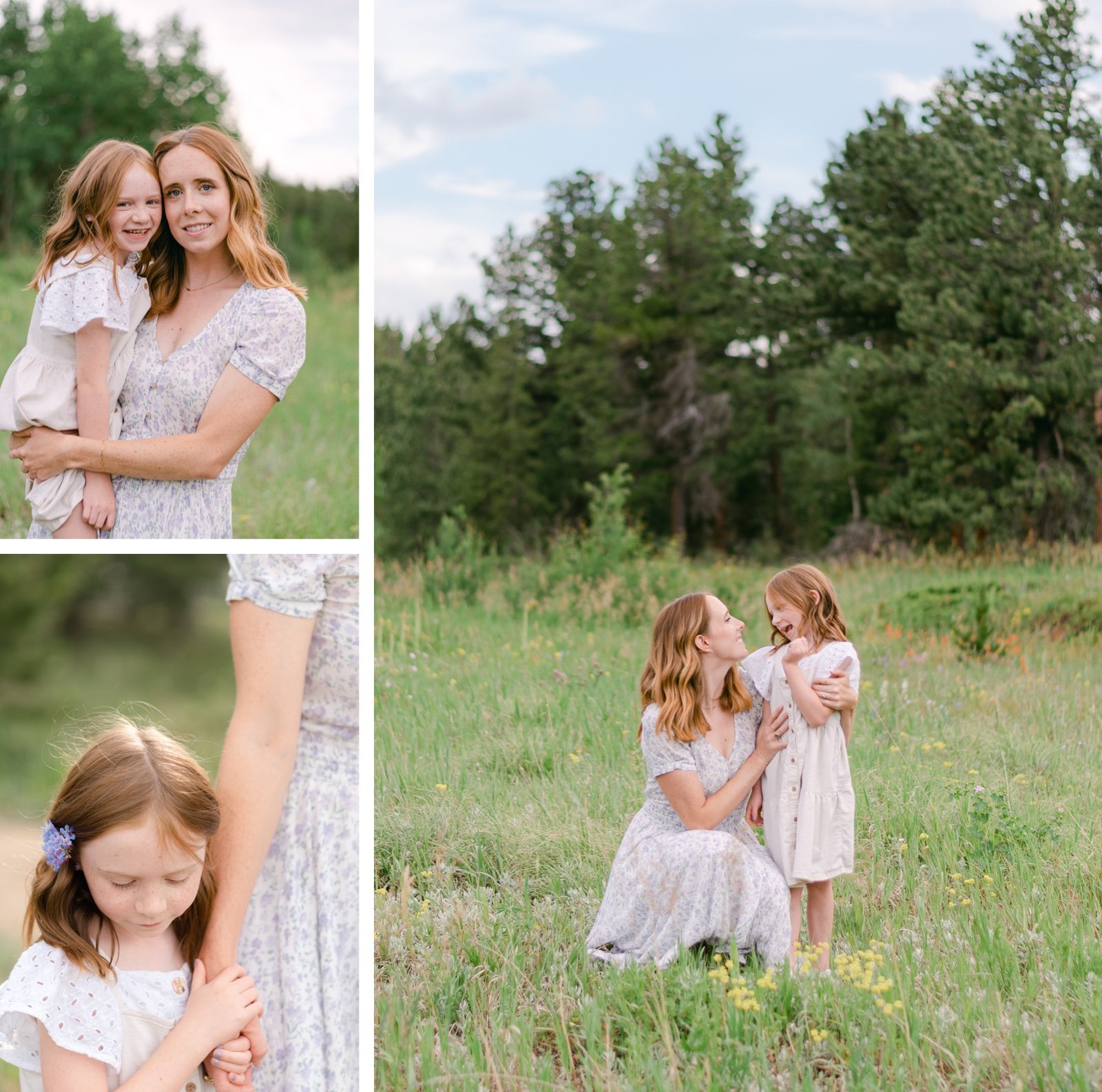 A portrait of a mother and daughter playing together in a meadow of wildflowers in Nederland Colorado