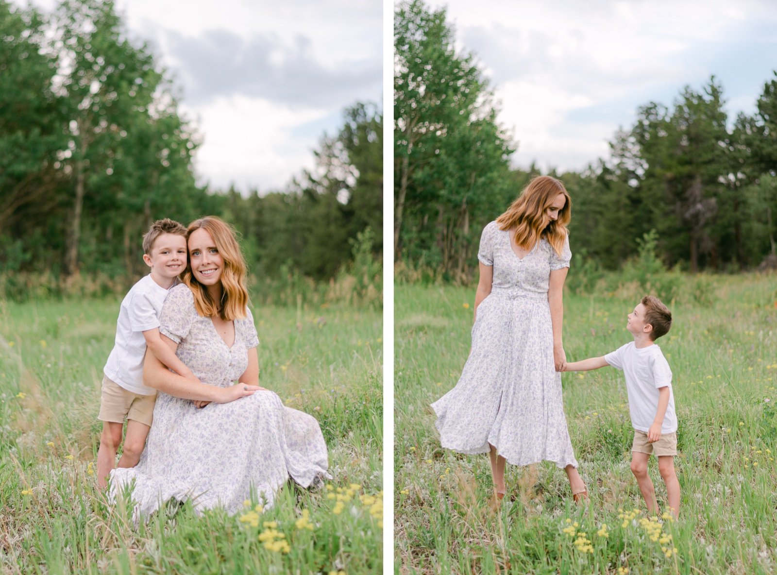 A portrait of a mother and son playing together in a meadow of wildflowers in Nederland Colorado