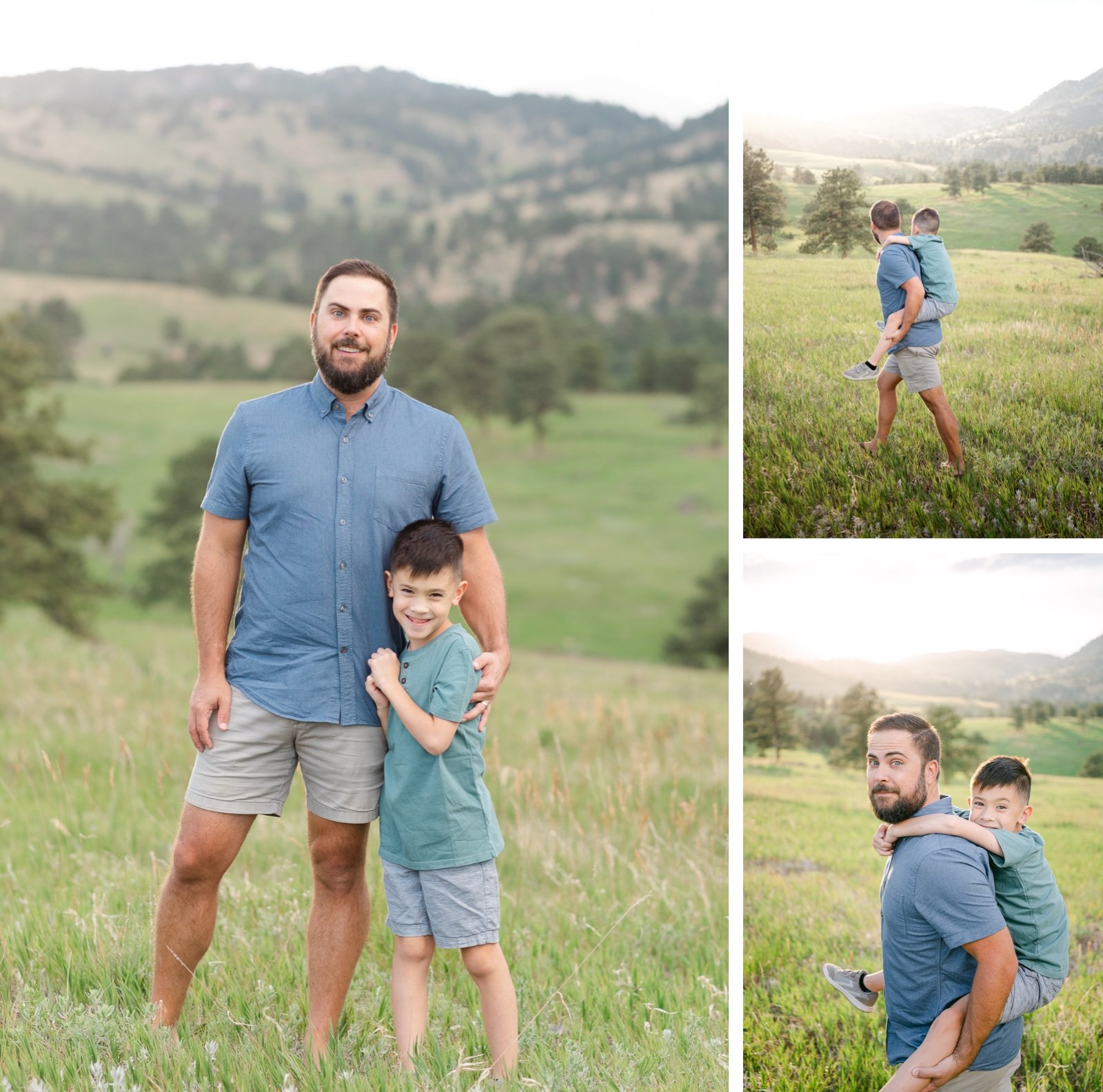 Father and son portraits in Golden Colorado playing in a lush green mountain meadow at sunset
