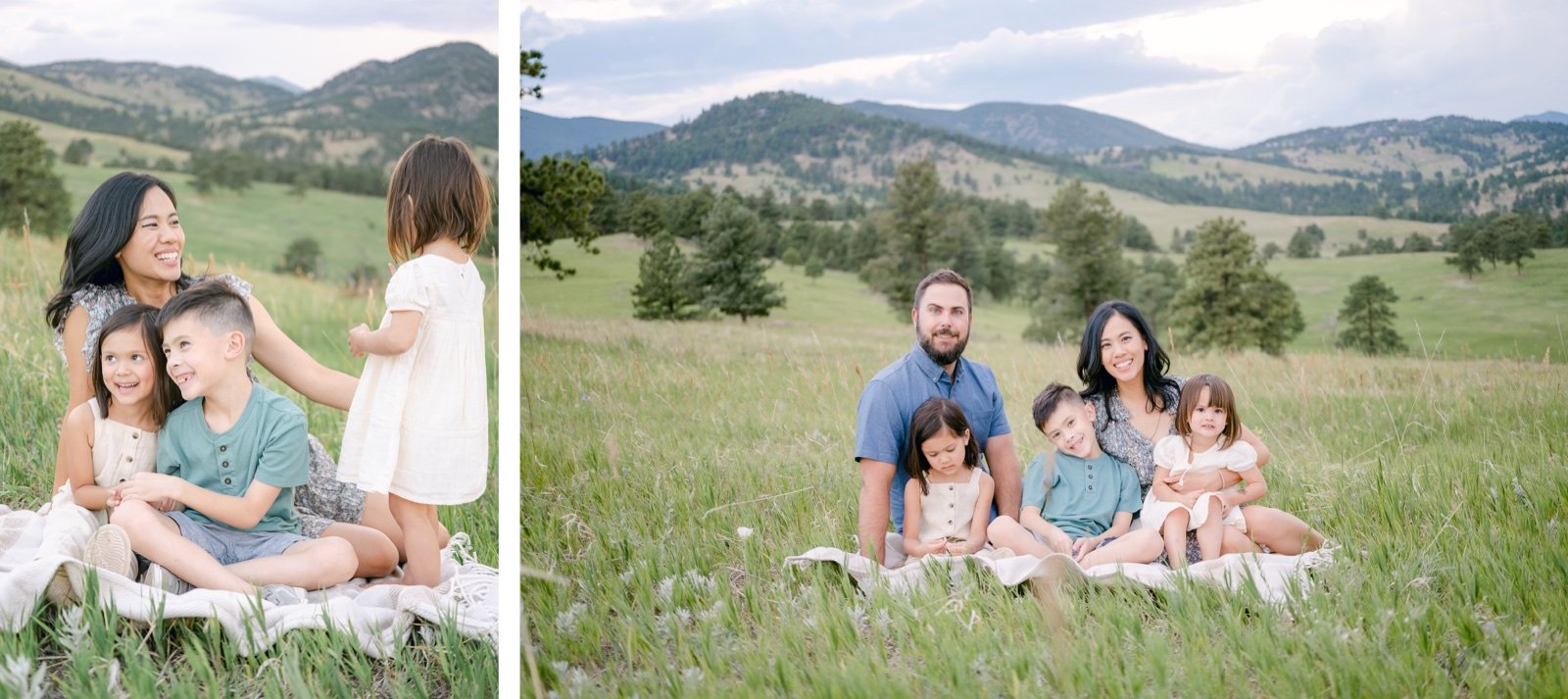 Golden Colorado family playing in a lush green mountain meadow at sunset