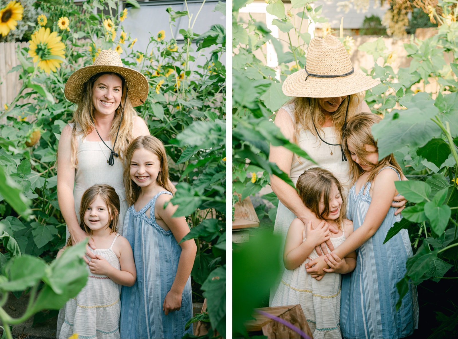 Mother and daughters playing in their family vegetable garden during a family portrait session with Olive and Aster