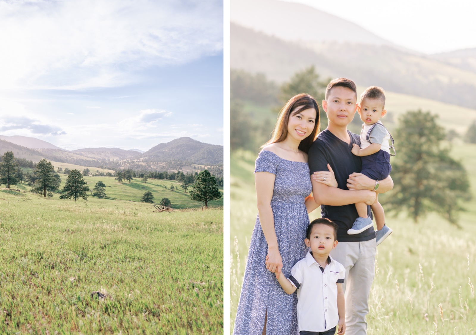 Family of four wearing shades of blue and gray during a sunset photoshoot outside of Boulder County