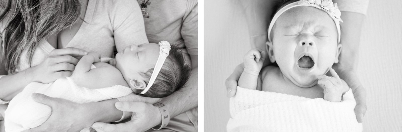 Black and white candid photos of a one month baby during a newborn photoshoot
