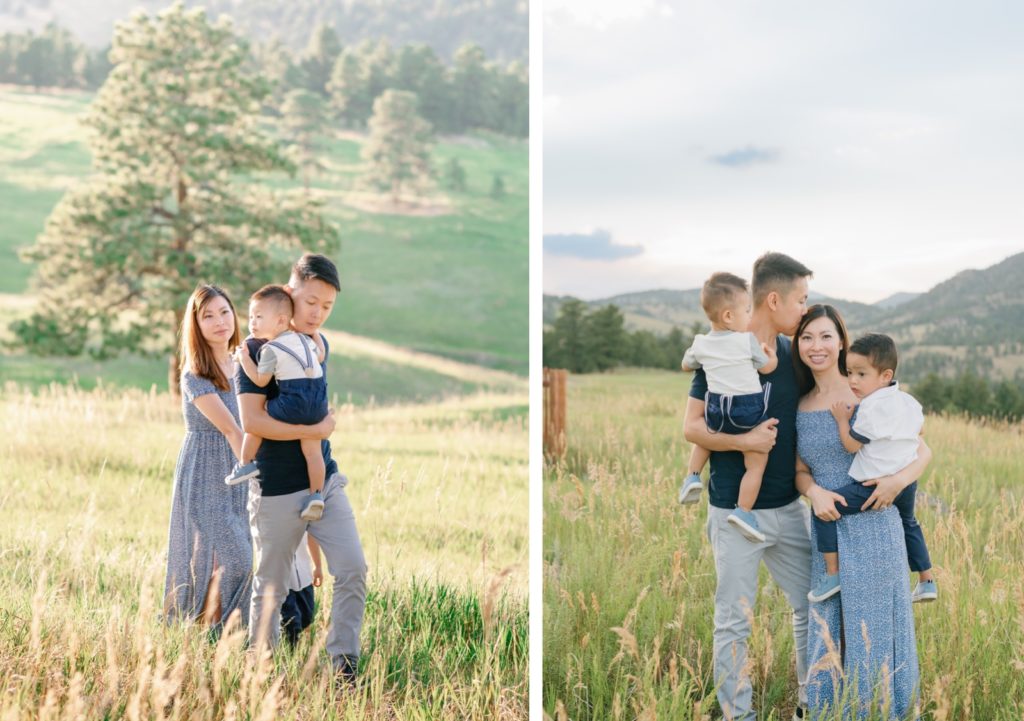 Golden hour family portrait session taken by Olive and Aster based in Colorado with mountains in the background