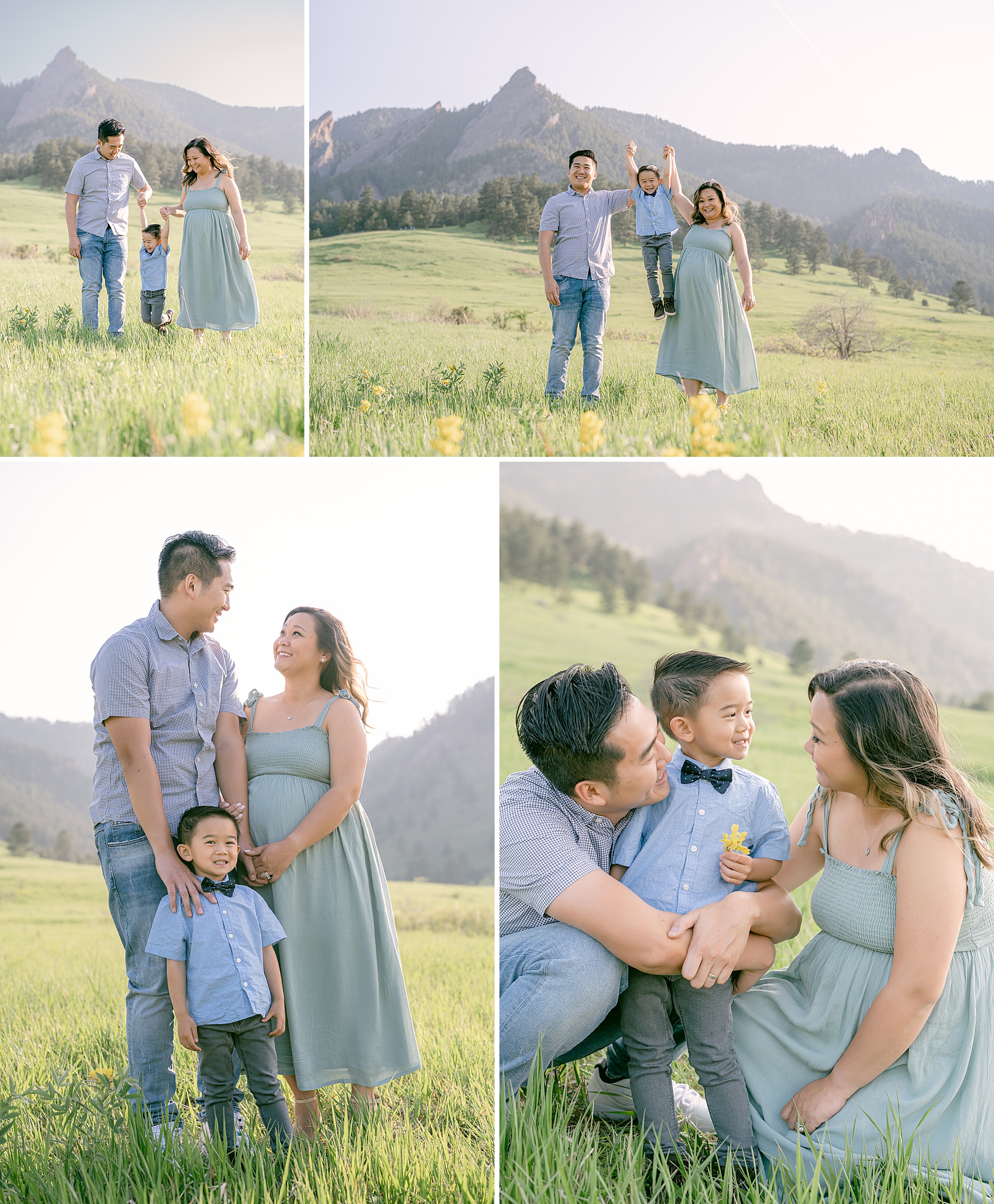 Family of three having fun during their spring portrait session in Chautauqua Park in Boulder, Colorado with mountains in the background