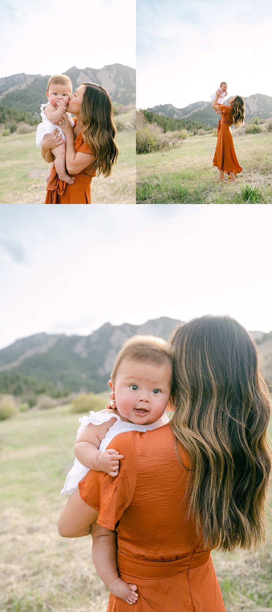 A young mother wearing a orange dress with her six month baby during a photo session in Boulder, Colorado with mountains in the background.