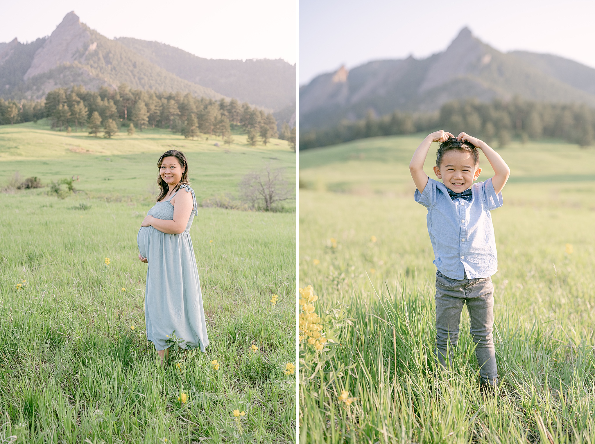 Individual portraits of mother and son taken in Chautauqua Park in Boulder, Colorado with mountains in the background