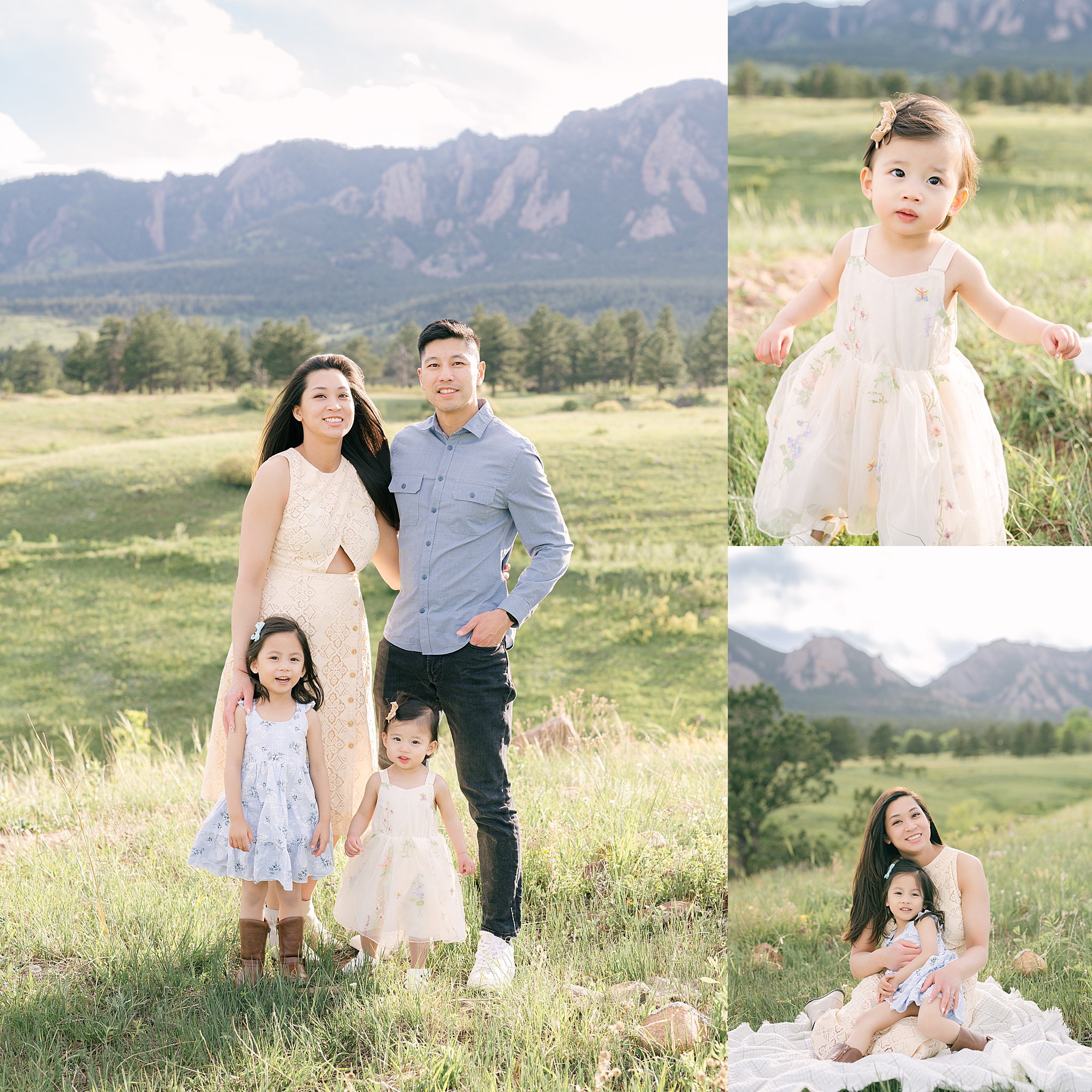 Traditional family portraits of a young family of four in Boulder, CO with the mountains in the background