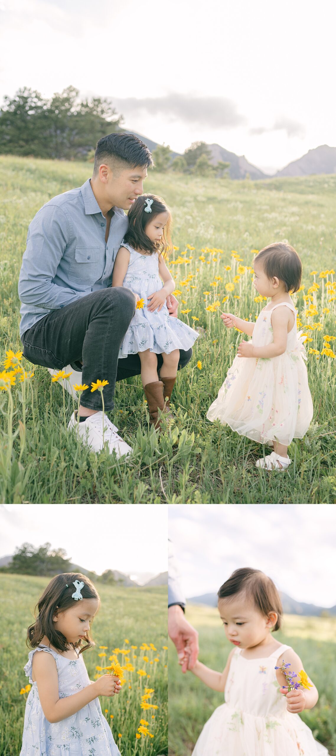 Candid photos of a Denver dad and his two daughters in a field of wildflowers in Boulder, CO