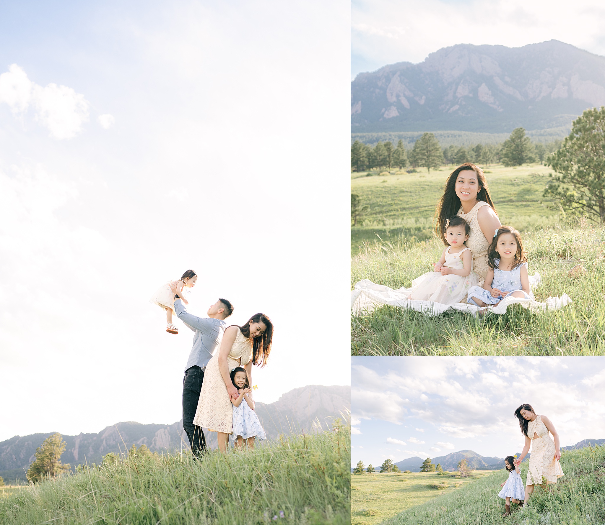 A young Colorado family of four in Boulder, CO with the mountains in the background