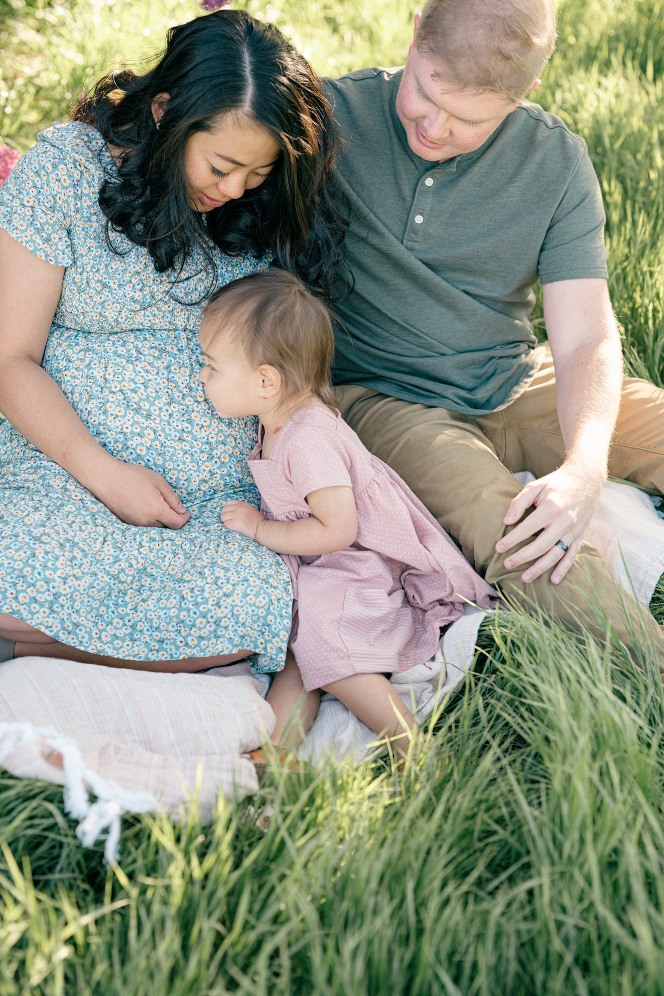 Spring Family Photos in Denver with toddler kissing mom's pregnant belly with purple lilacs in the background