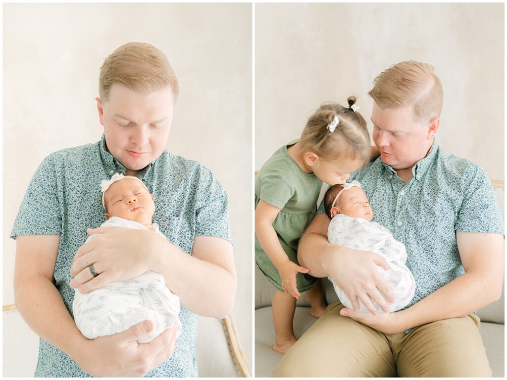 A photo collage of a Colorado dad and his two girls during a newborn photoshoot taken by Denver Newborn Photographer Olive and Aster at little white photo studio Frederick Colorado