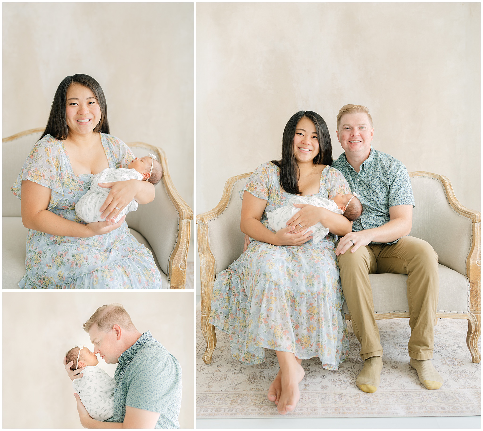 A photo collage of a Colorado dad and mom holding their baby during a newborn photoshoot taken by Denver Newborn Photographer Olive and Aster at Little White Photo Studio Frederick Colorado