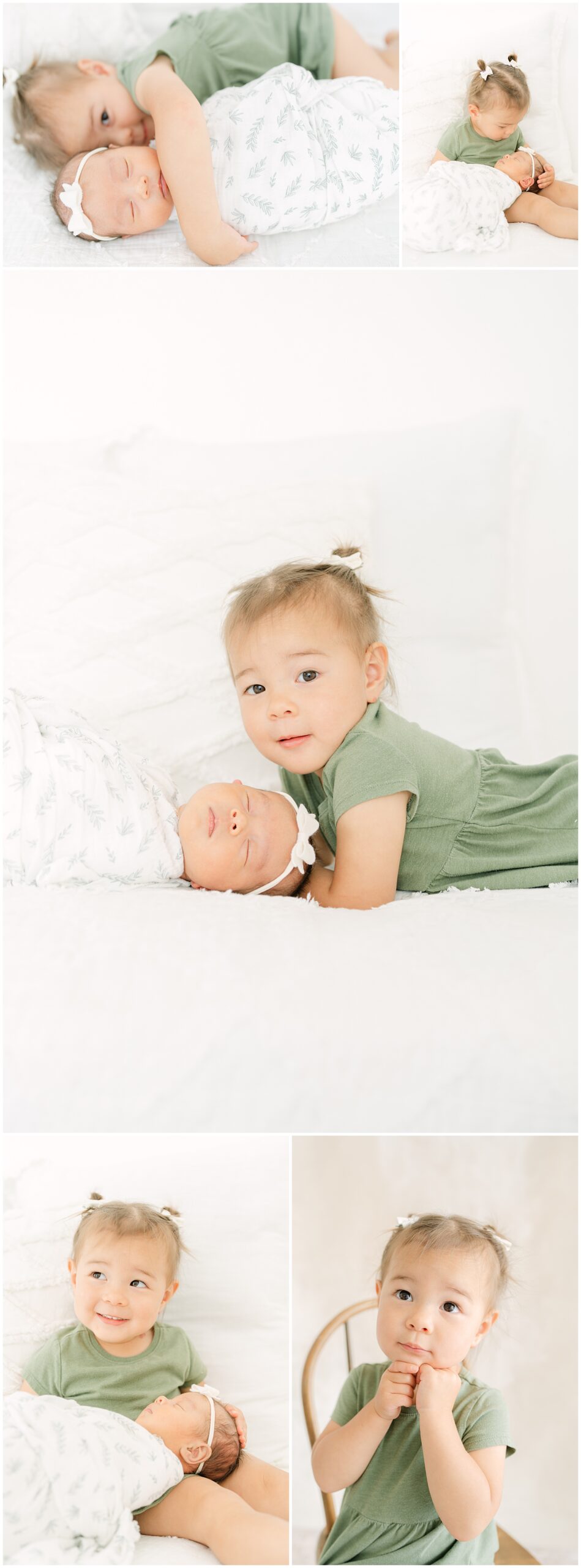 A Colorado toddler with her baby sister during a newborn photoshoot taken by Denver Newborn Photographer Olive and Aster at little white photo studio Frederick Colorado