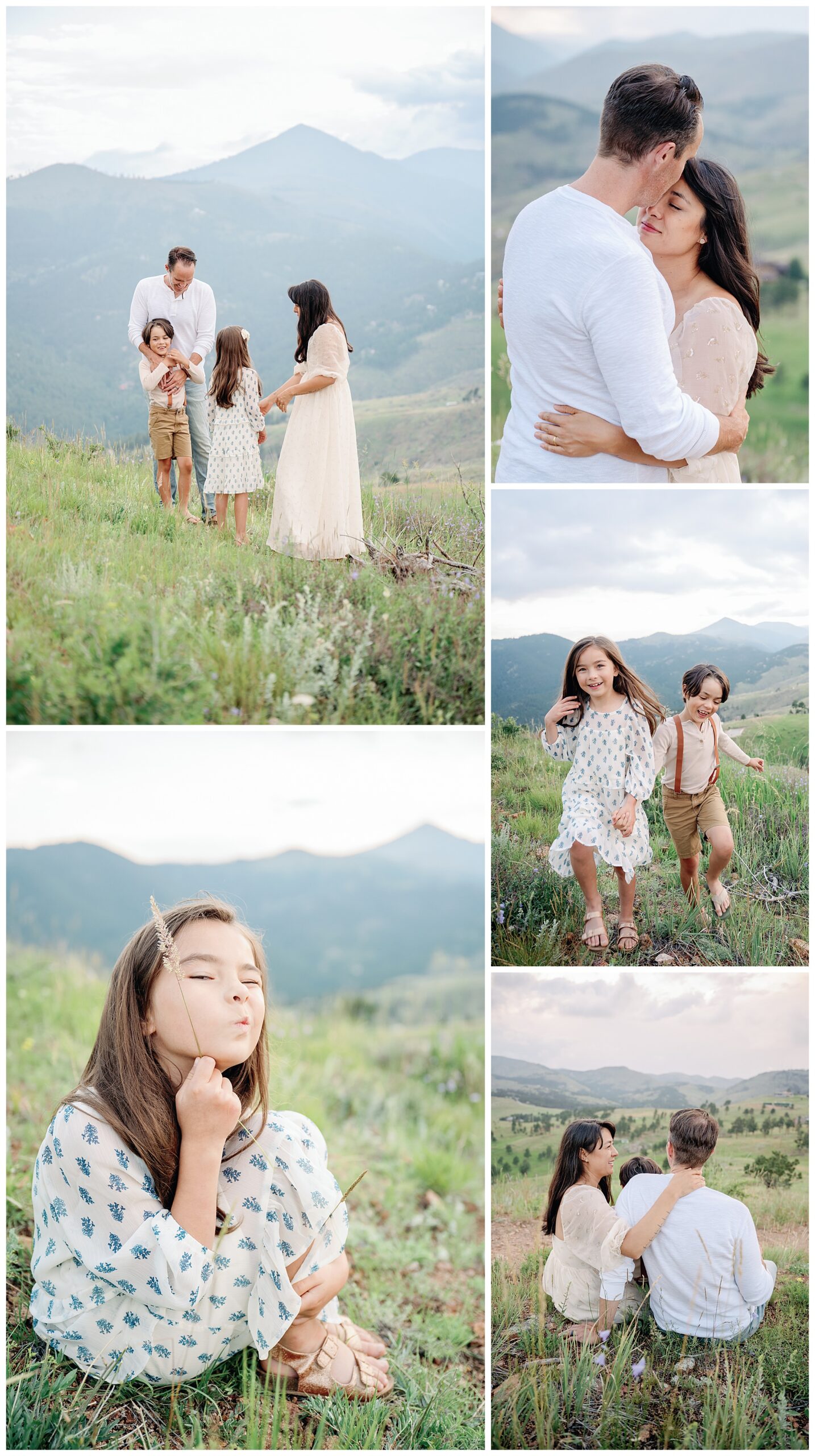 A collage of photos of family of four from Denver playing and having fun during a portrait session Boulder Colorado