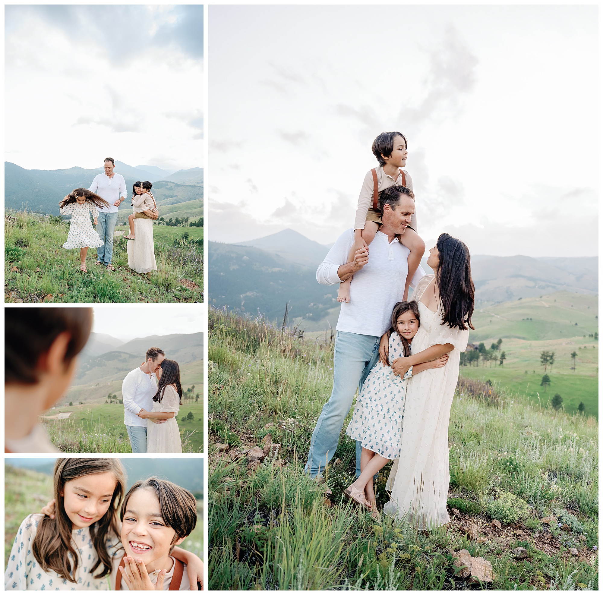 A collage of photos of family of four from Denver playing and having fun during a portrait session Boulder Colorado